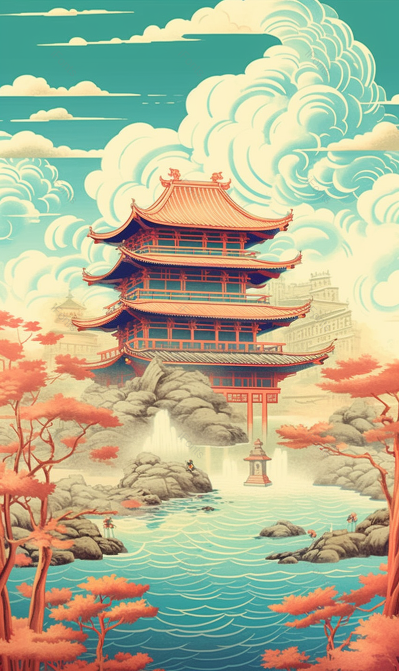 中国风古建筑场景插画背景,插画/手绘图,插画/手绘图库,插画/手绘图下载,插画/手绘